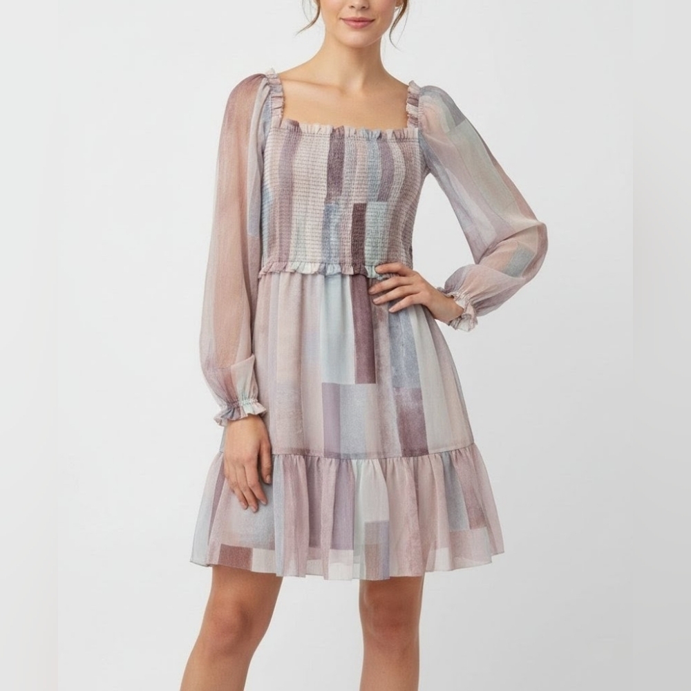 Aritzia Wilfred Tempest Chiffon Semi Sheer Smocked Mini Dress in Pastel Print M